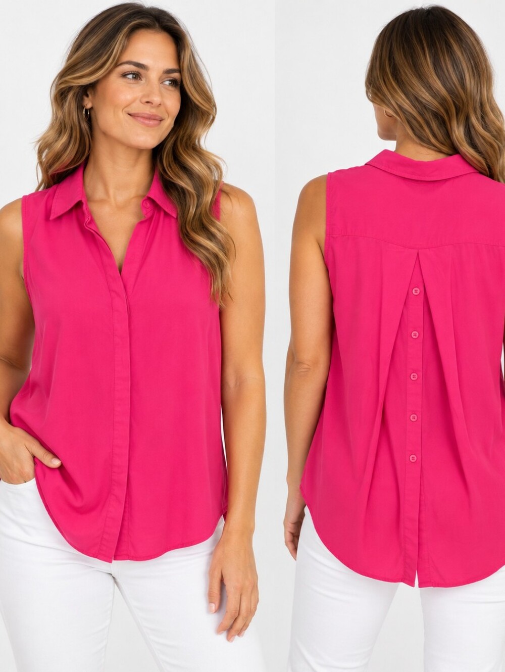💕 Investments Hot Pink Lyocell Sleeveless Button Back Blouse – XL